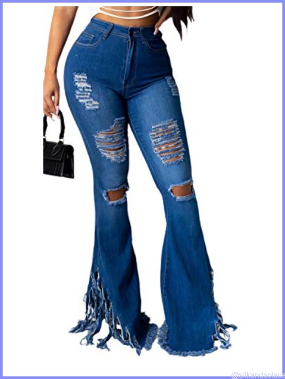 High Waisted Bell Bottom Jeans Ripped Flared Wide Leg Stretch Denim